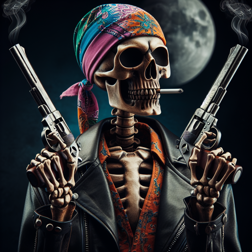 Badass Skeleton with Do-Rag, Jacket, and Guns