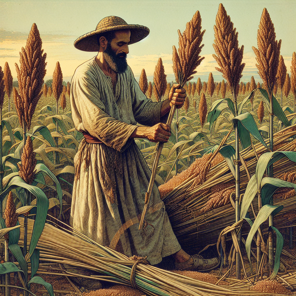 Middle-Eastern Farmer Tending Sorghum in a Vast Field