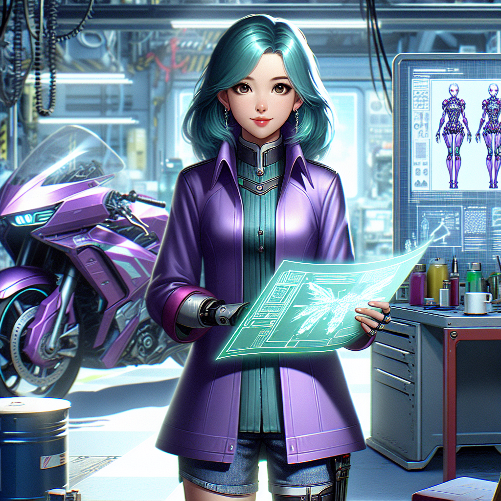 Futuristic Teal-Haired Scientist with Purple Outfit