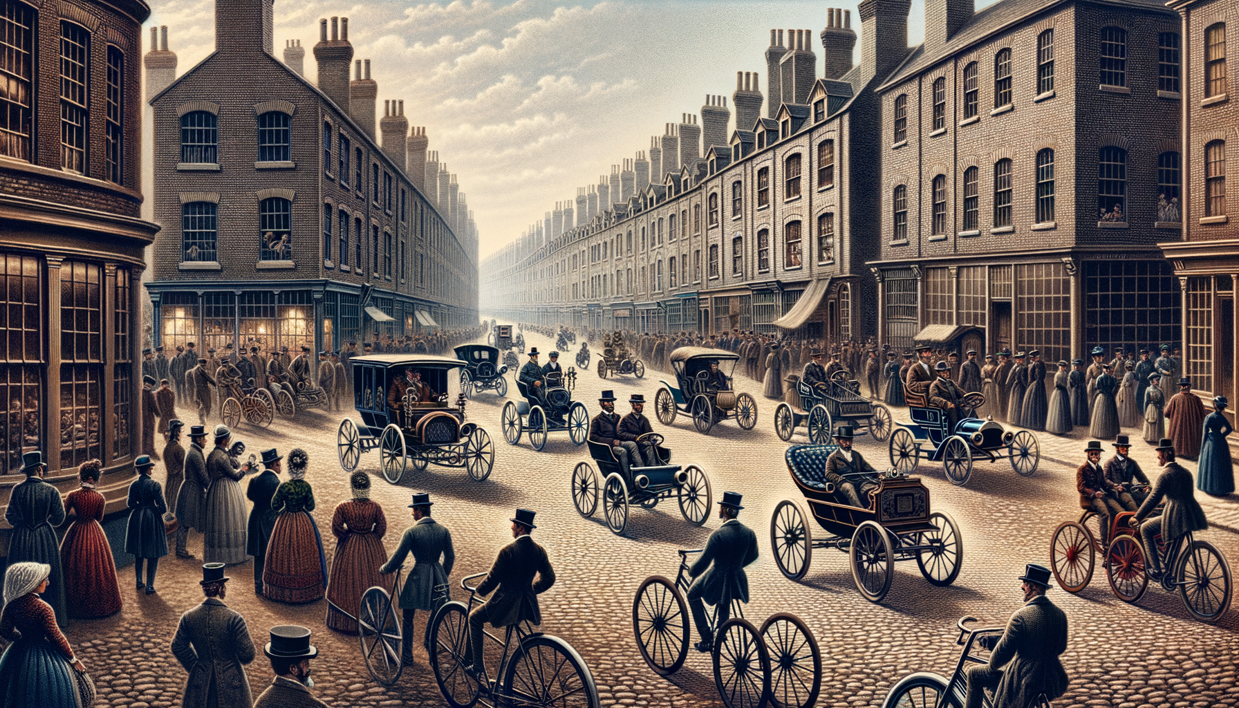 19th Century Street with Vintage Cars and Bicycles