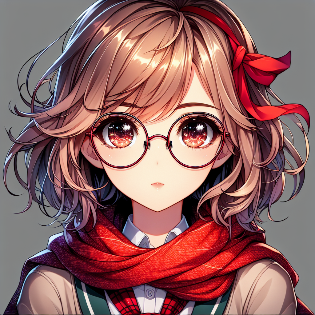 Detailed Character Portrait of Anime Girl with Red Scarf and Clear Glasses