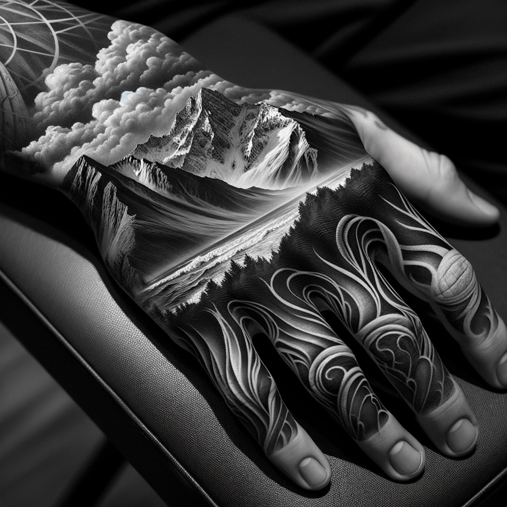 Detailed 8k Black and White Hand Tattoo: Grand Mountain Landscape & Oregon Coast Elements