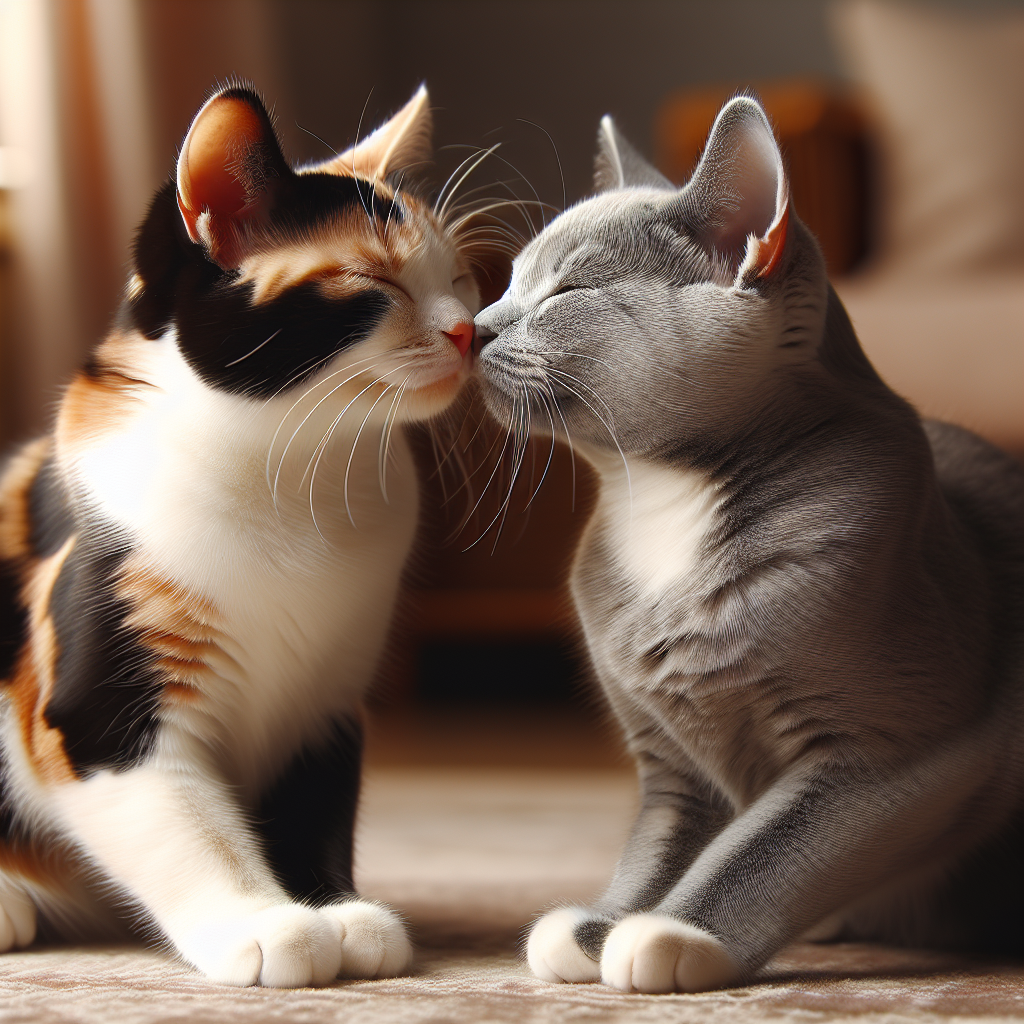 Adorable Cats Kissing: Calico & Russian Blue