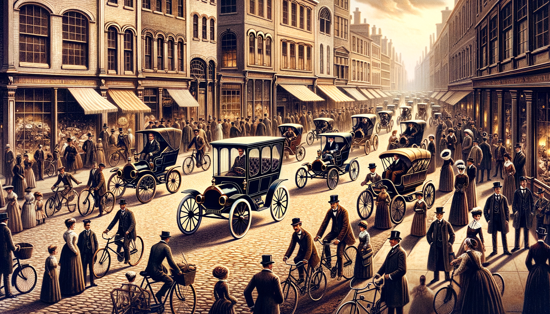 Exploring a Historic 19th Century Street with Vintage Cars and Bicycles