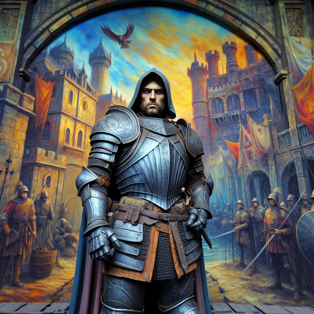 Epic Knight Portrait in Vibrant Medieval Scene