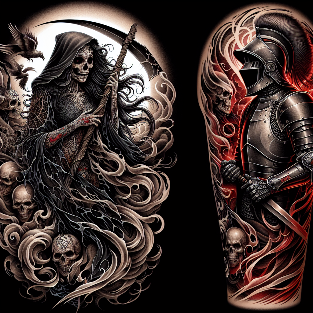 Reaper Girl and Knight Tattoo Sleeve Design