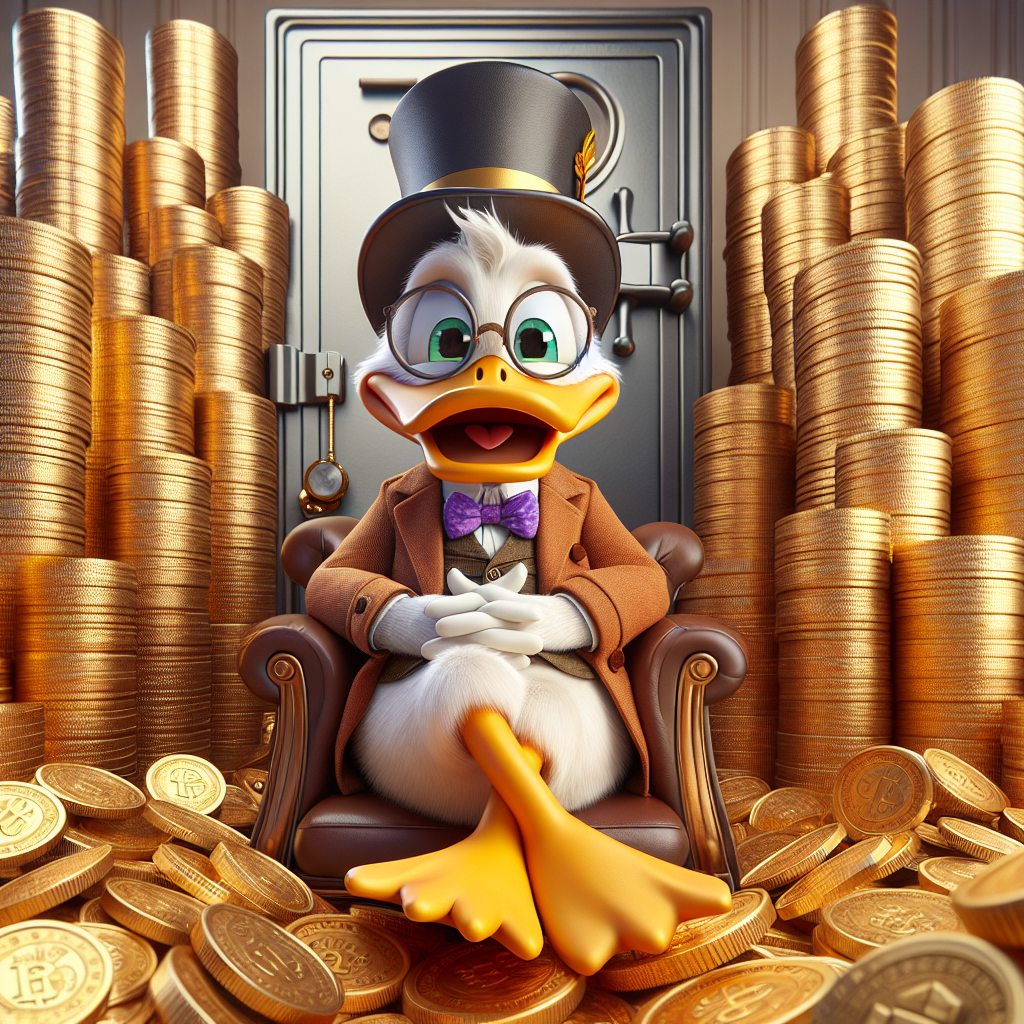 Jovial Cartoon Duck in Spectacles and Top Hat Surrounded by Gold Coins