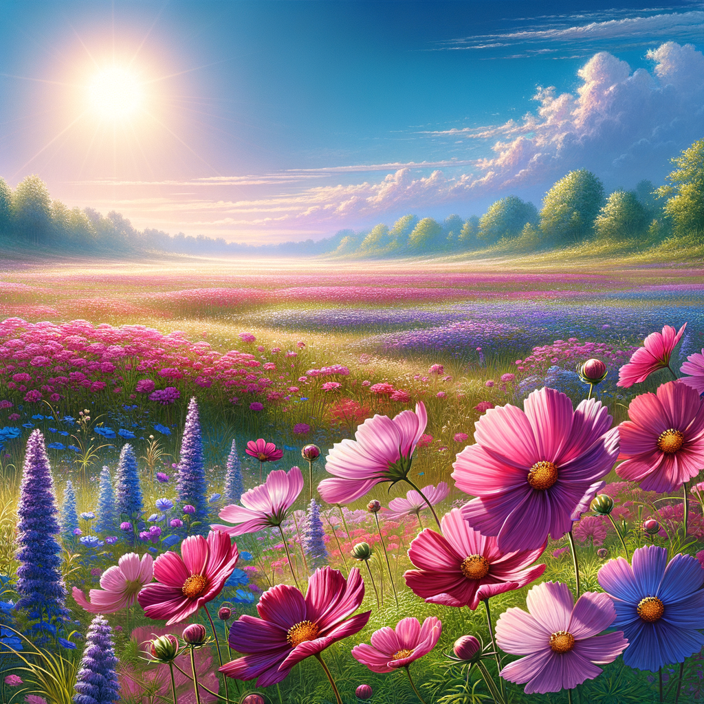 Vivid Pink and Purple Flowers in a Green and Blue Landscape