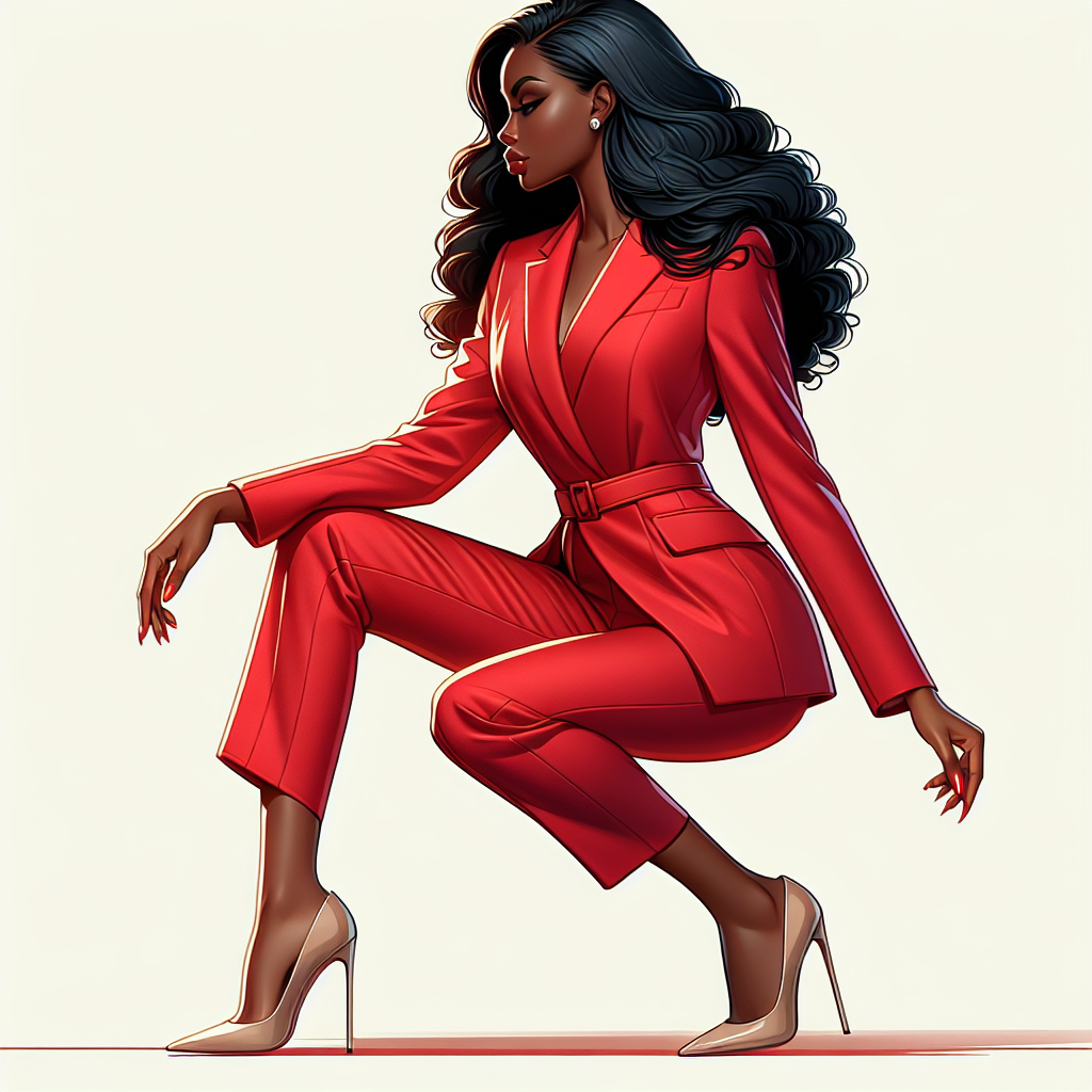 Stylish Black Woman in Red Suit and Beige Heels