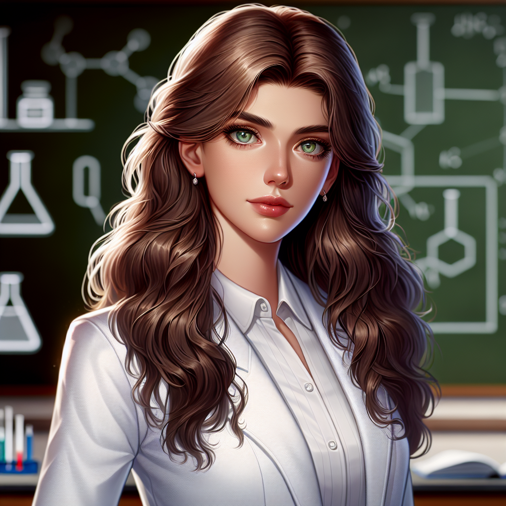 Tall Female Science Teacher with Brown Hair and Green Eyes