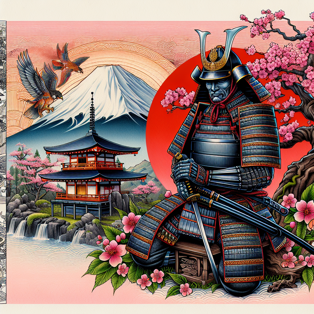 Japanese Samurai Tattoo Design with Temple, Cherry Blossom & Mount Fuji