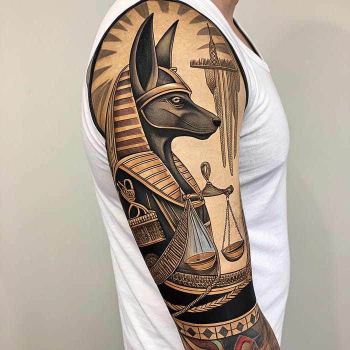 Egyptian Sleeve Tattoos Featuring Anubis and Ra