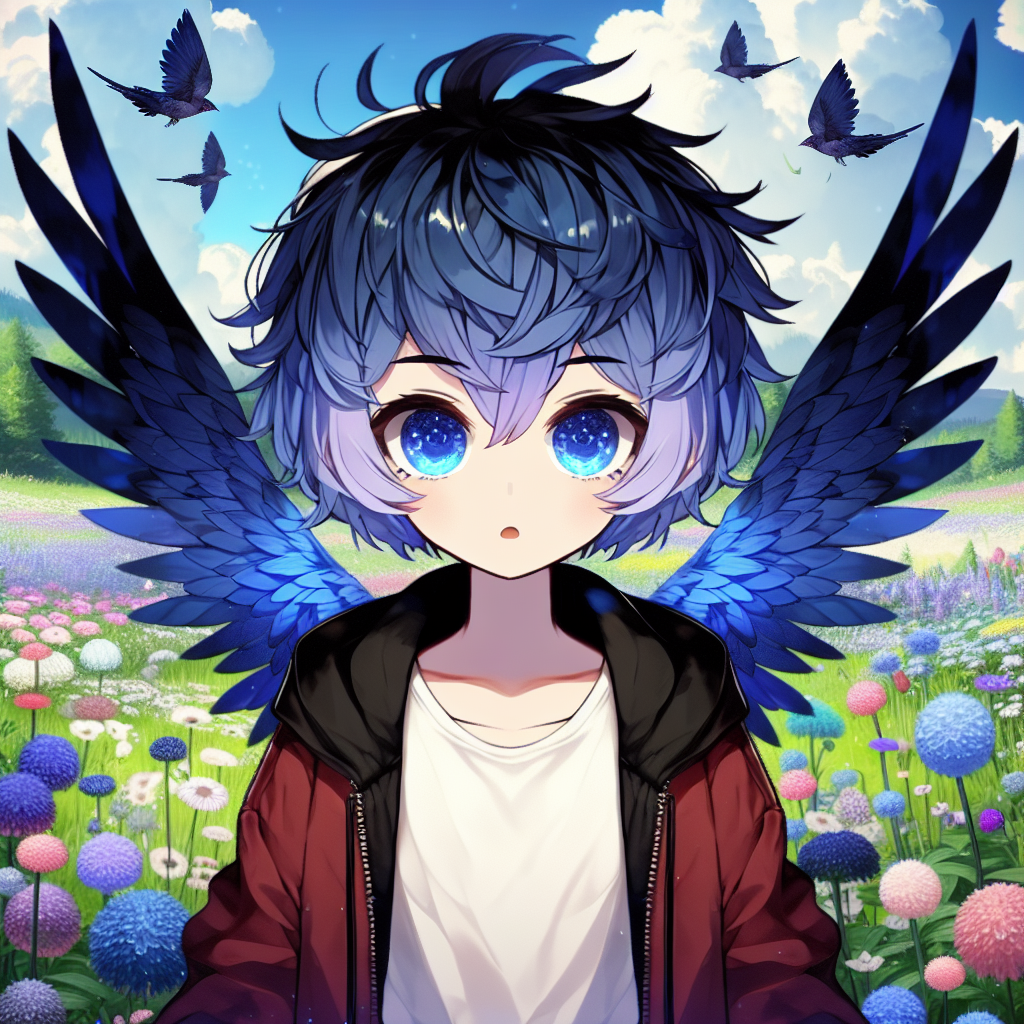 Anime-Style Teenage Character in a Meadow with Blue Flowers