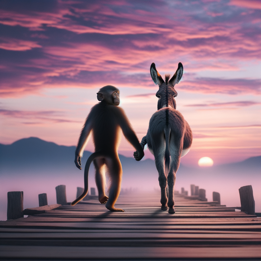 Monkey and Donkey Friendship at Sunset