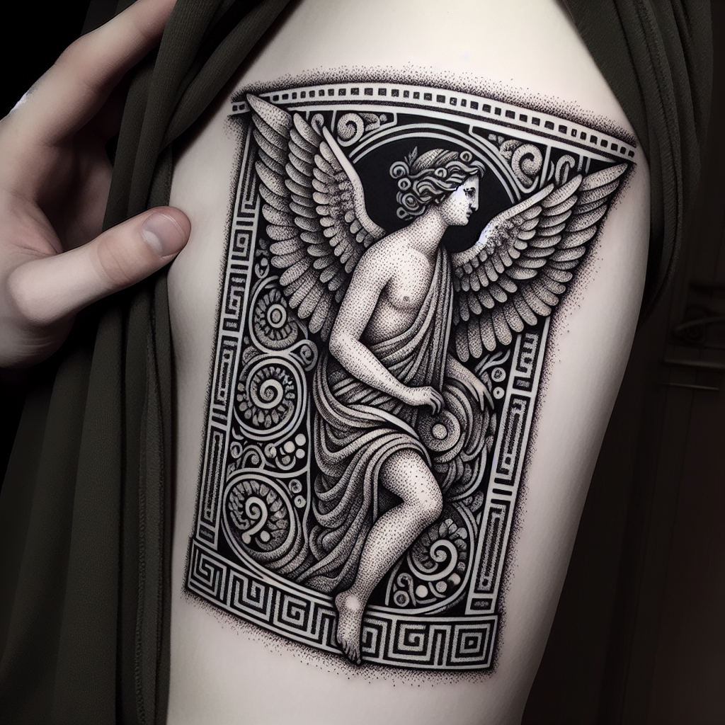 Detailed Greek Style Angel Tattoo in Pointillism