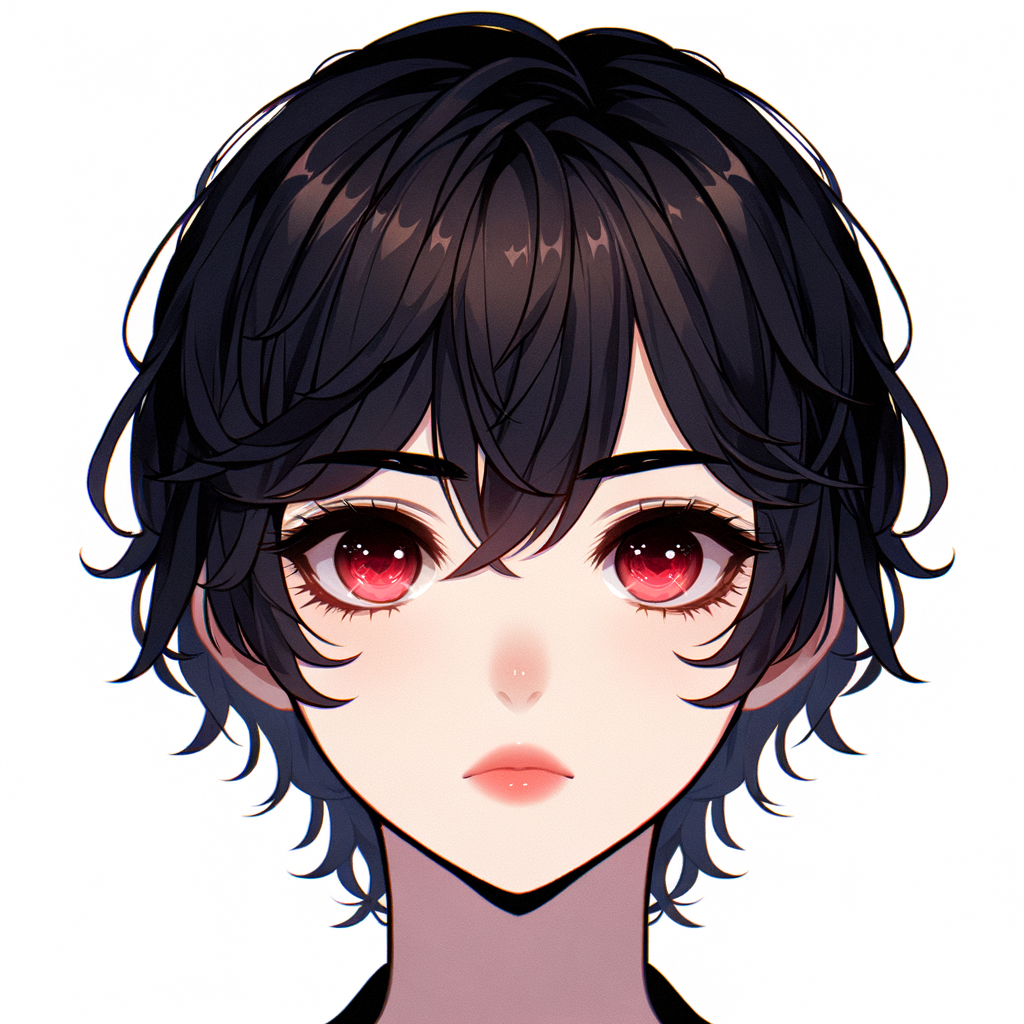 Captivating Anime Boy with Black Wavy Hair, Red Eyes, and Pink Lips