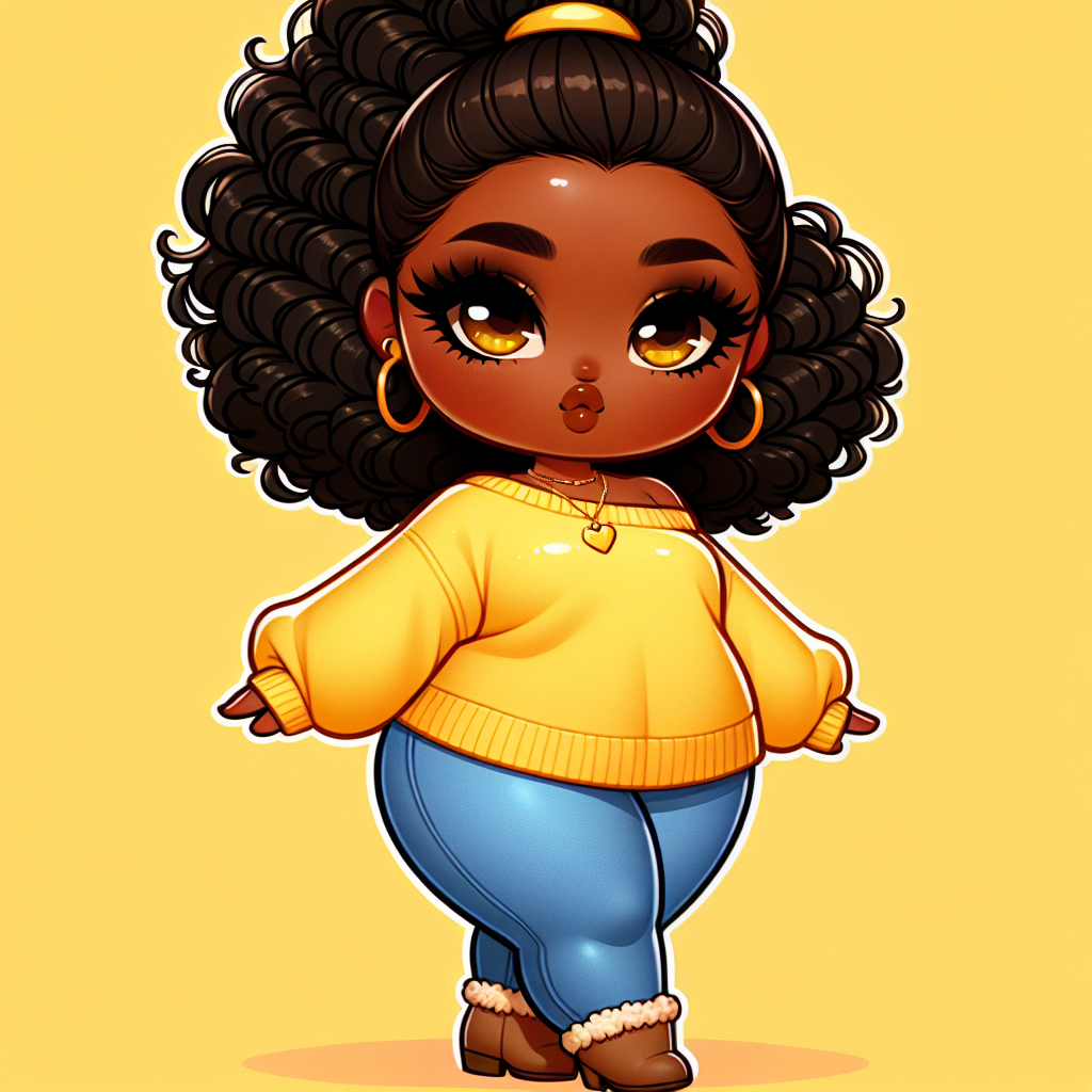 Bright Chibi Style Cartoon of Plus Size African American Woman