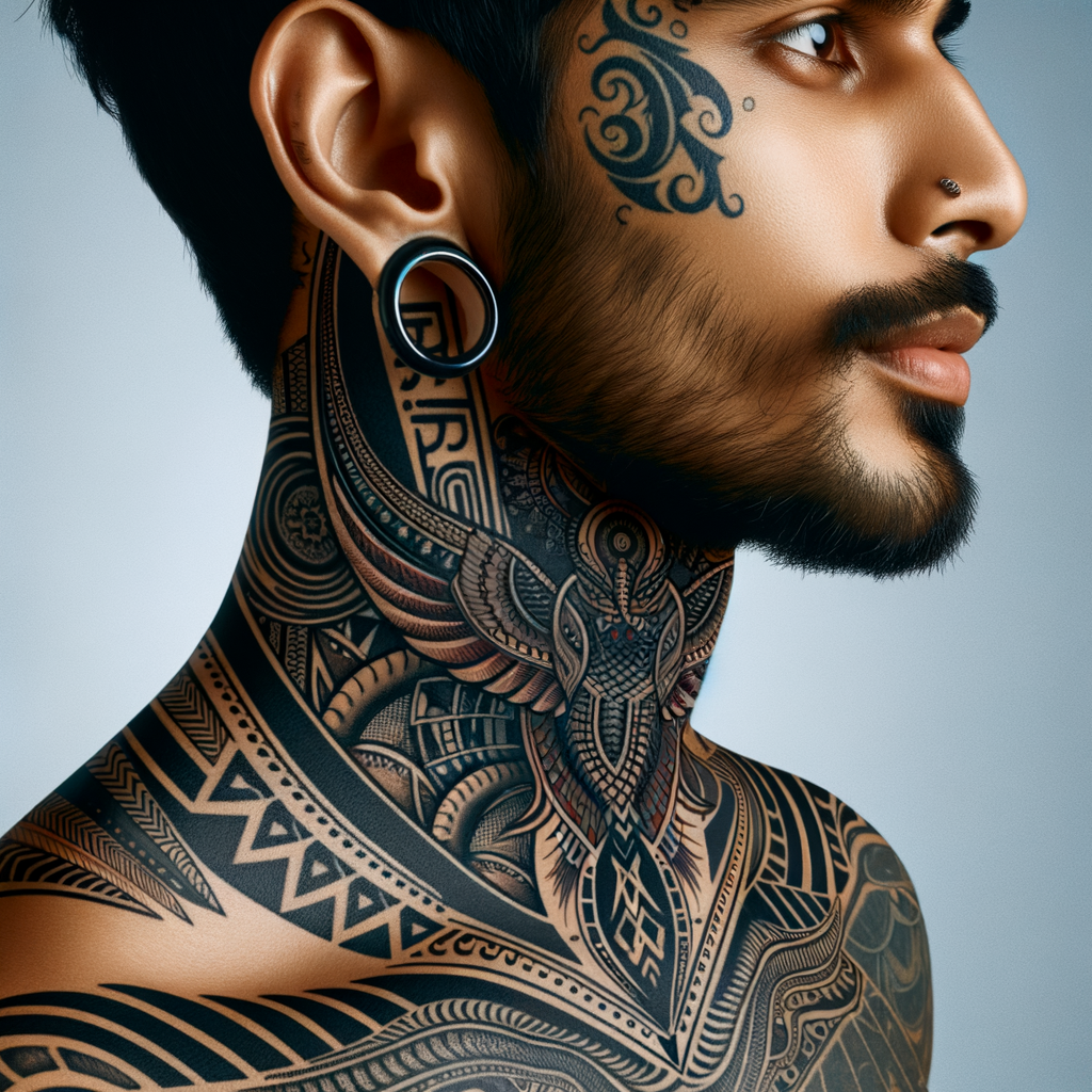 Bold and Detailed South Asian Male Neck Tattoo Design