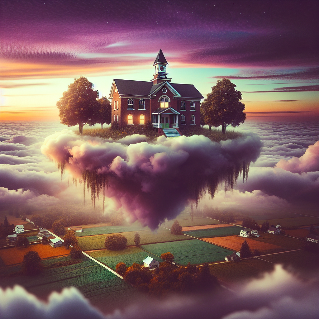 Surreal Village Elementary School in Twilight Sky