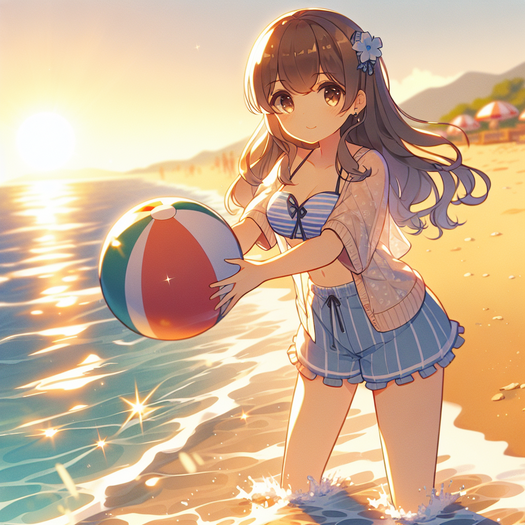 Youthful Anime-Style Female Character Enjoying a Beach Sunset