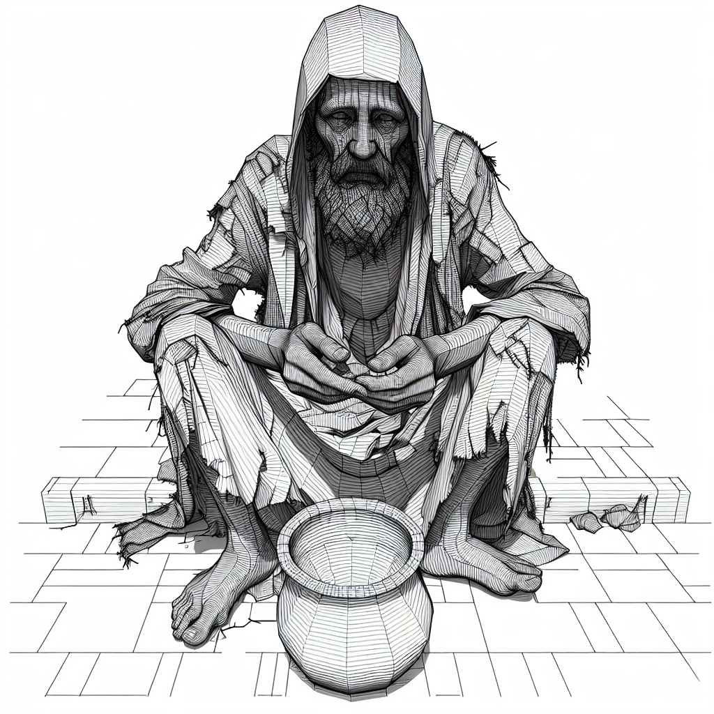 3D Beggar in Line Art Representing Poverty and Strength