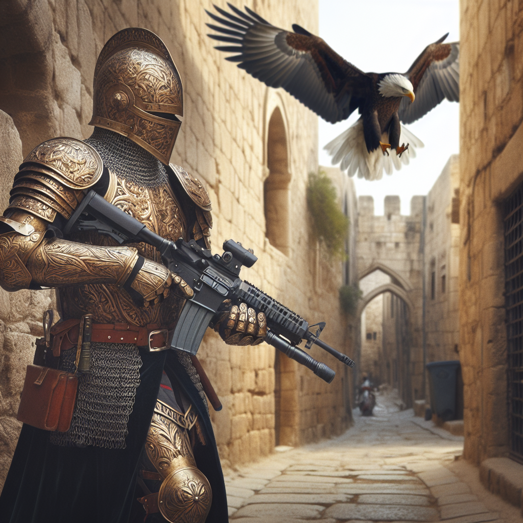 Modern Crusader in Ornate Armor Storms Ancient Jerusalem with AR-15