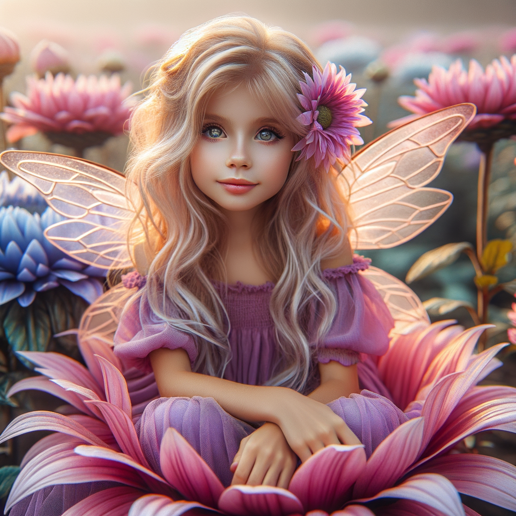 Caucasian Fairy on Blooming Petals: A Magical Encounter