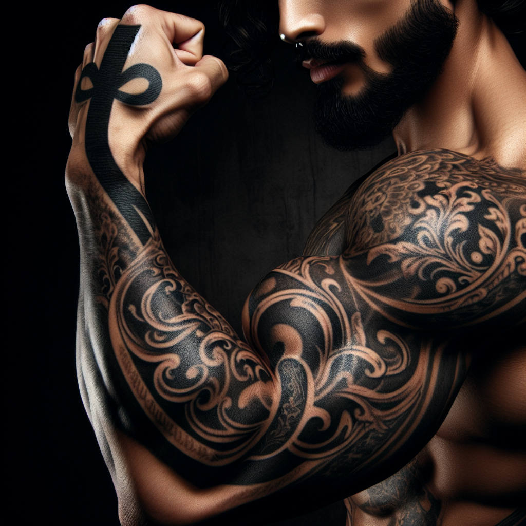 Hispanic Man's Forearm Tattoo with Detailed Black Ribbon Design