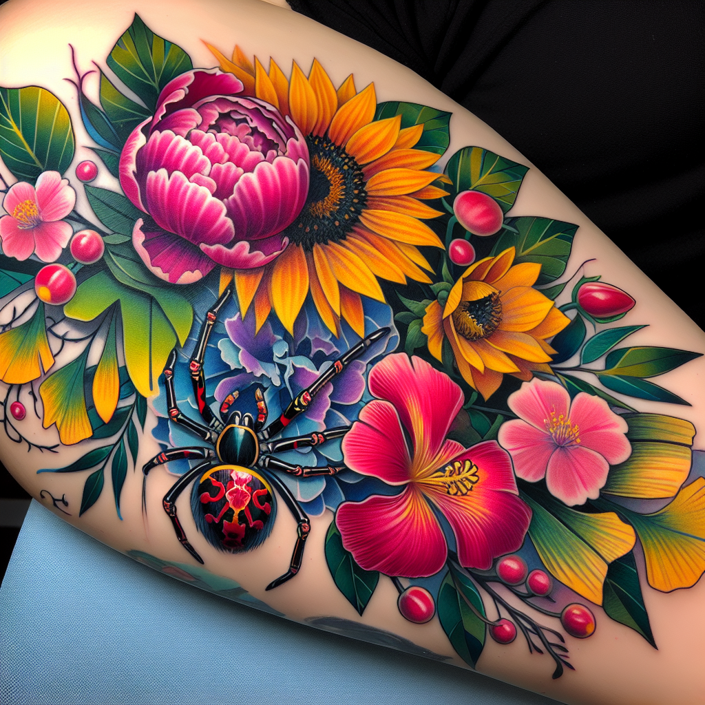 Colorful Floral Tattoo featuring Peony, Sunflower, Lily Spider & More