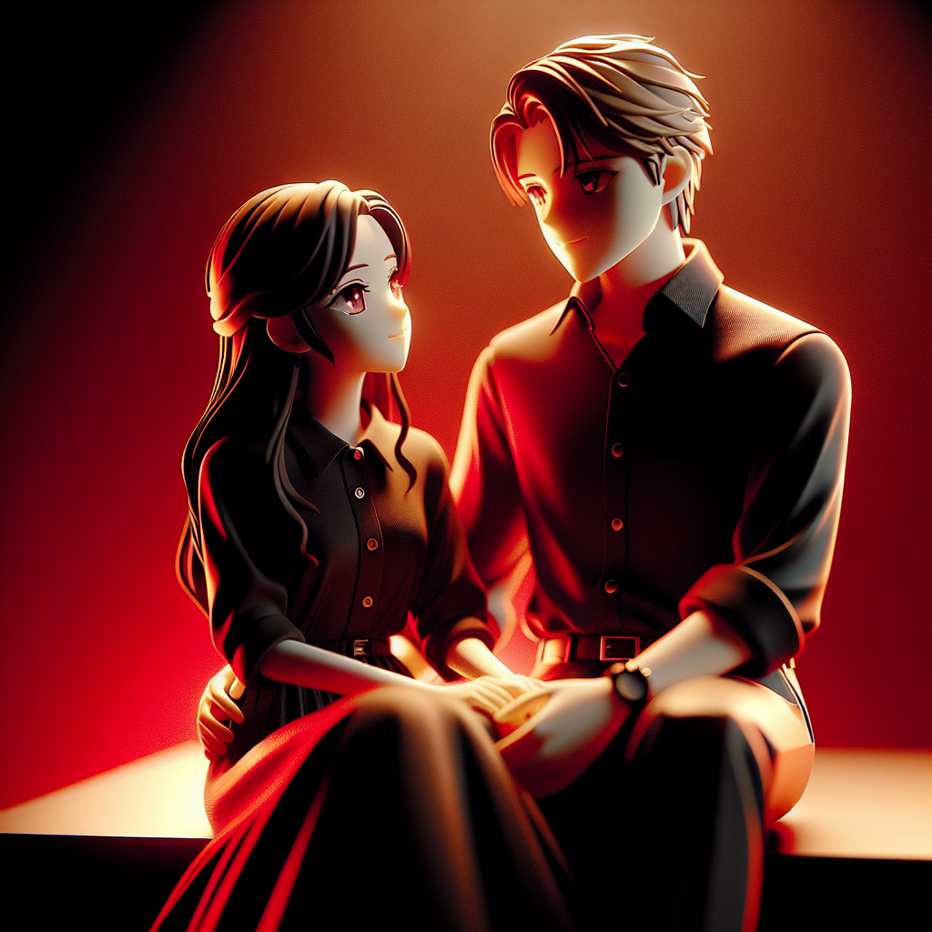 3D Anime Style Romantic Couple Under Dim Red Light