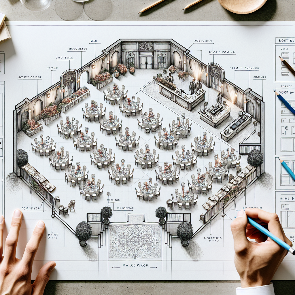 Detailed Drawing-Style Event Floor Plan with 20 Tables and Dance Floor