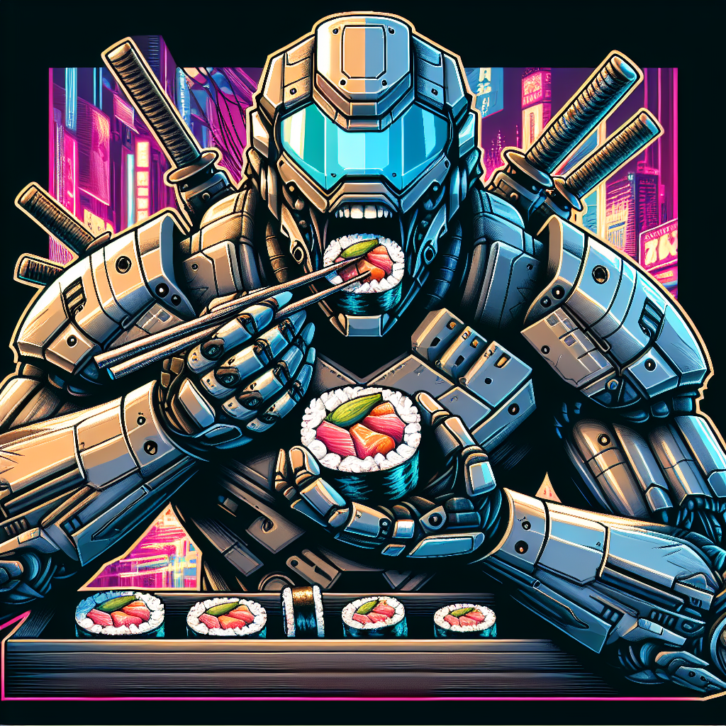 Futuristic Cyberpunk Tattoo Design: Stormtrooper with Sushi