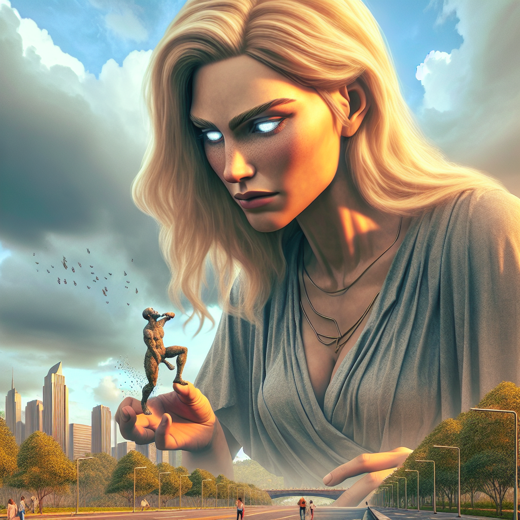 Monumental Blonde Giantess Devouring Tiny Character in Cityscape