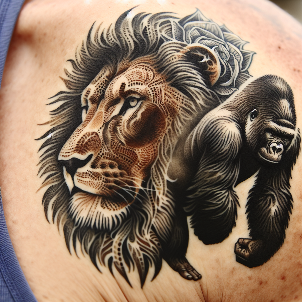 Men's Lion and Gorilla Shoulder Tattoo