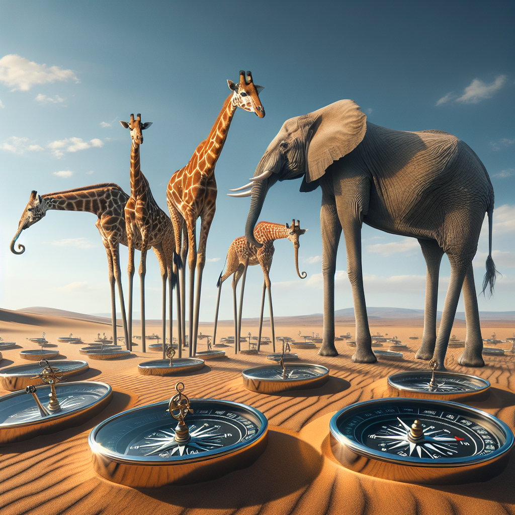 Enchanting Scene: Elephant-Giraffe Hybrid Among Shiny Compasses in Desert