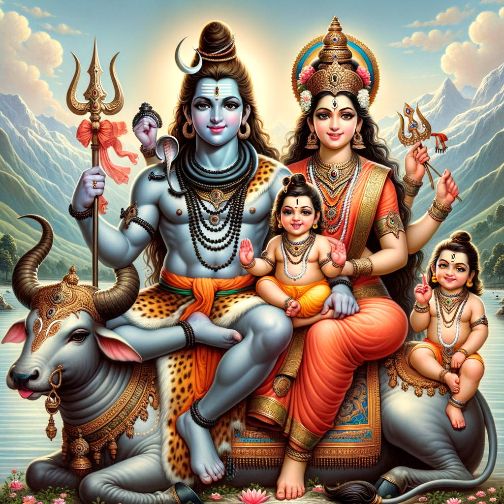 Classical Indian Art of Divine Shiva, Parvati, Ganesha & Kartikeya